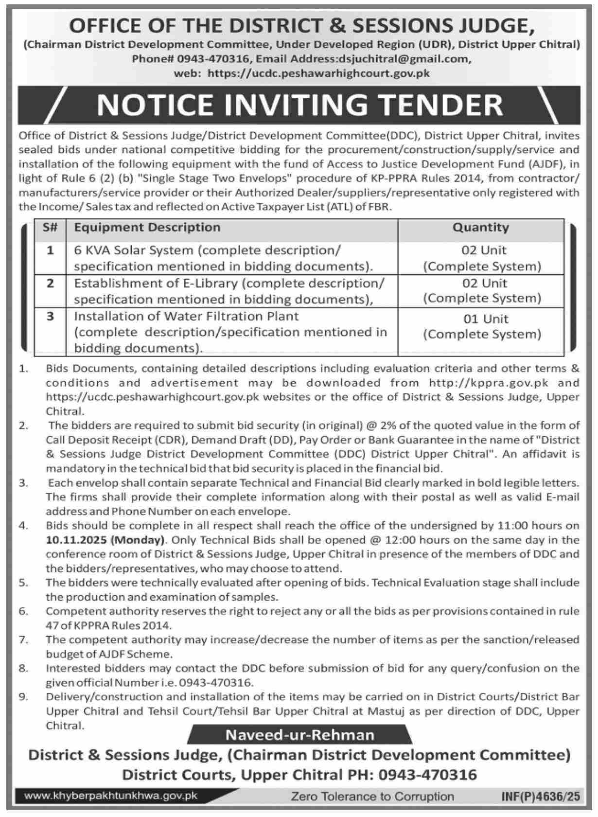 District & Session Court Chitral Tender Notice